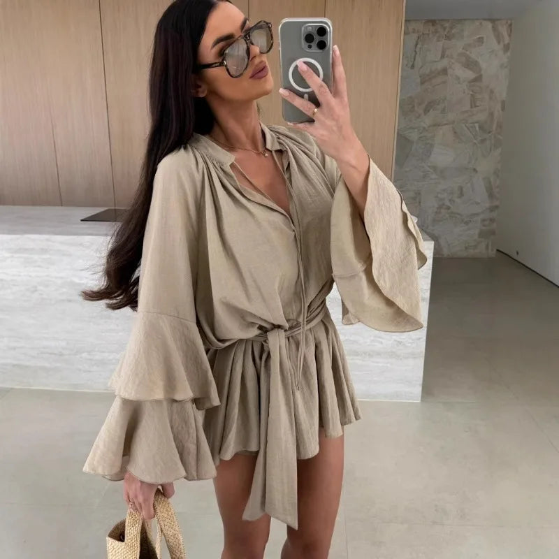 Women Sexy Deep V Lace Up Solid Dress