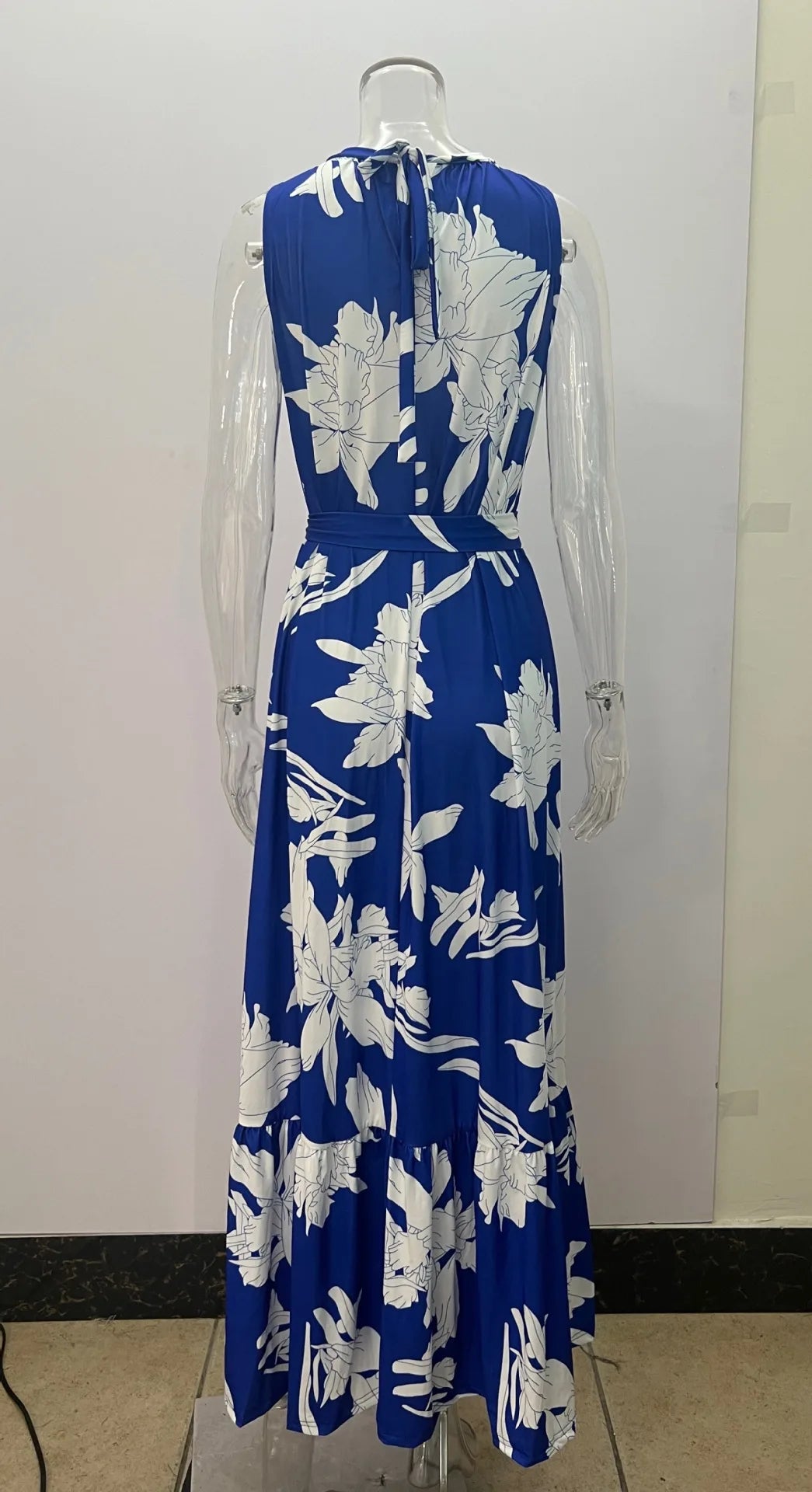 Women Europe and America Cross border Summer New Fashion Print Round Neck Lace up Mid length Dress