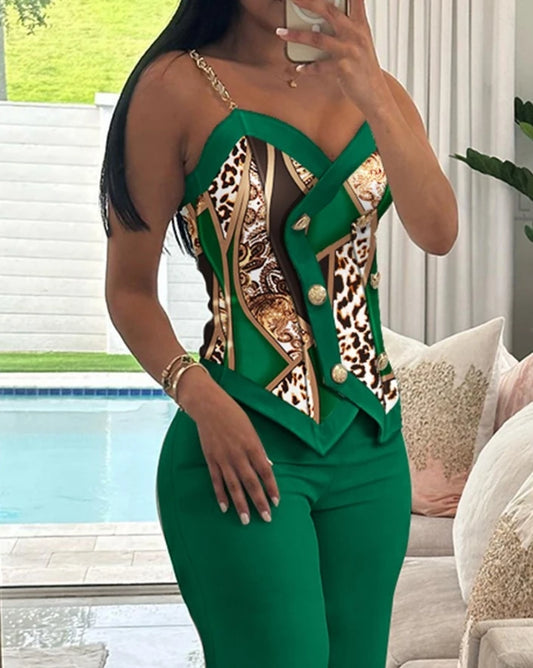 Women Piece Set Spring/summer V-Neck Sleeveless Scarf Leopard Print Double Breasted Button Cami Top straight Leg Pants Set