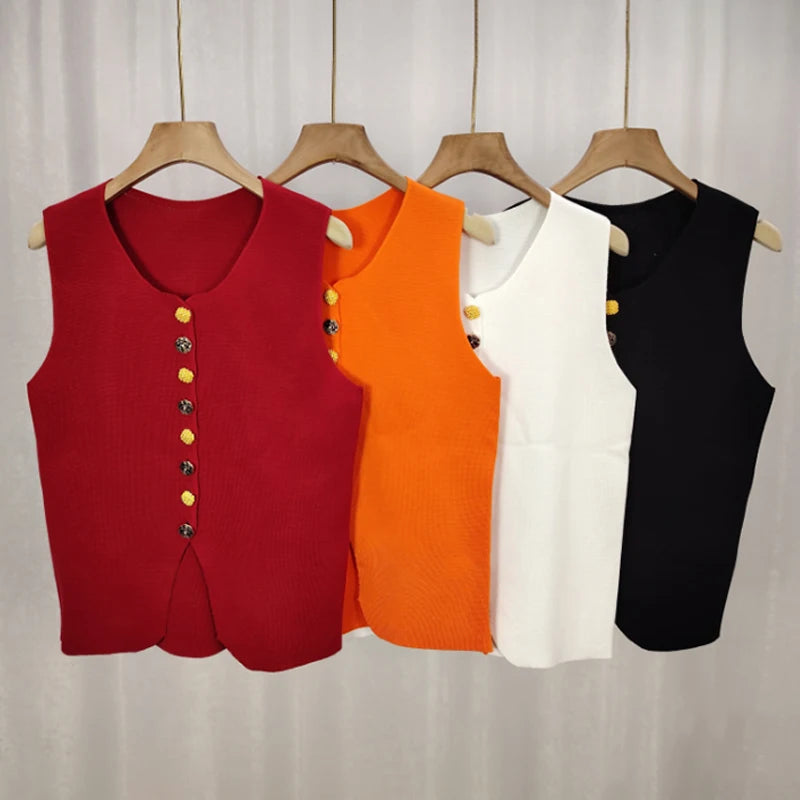 Women Elegant Flower Buttons O Neck Sleeveless Sweater Slim waistcoat