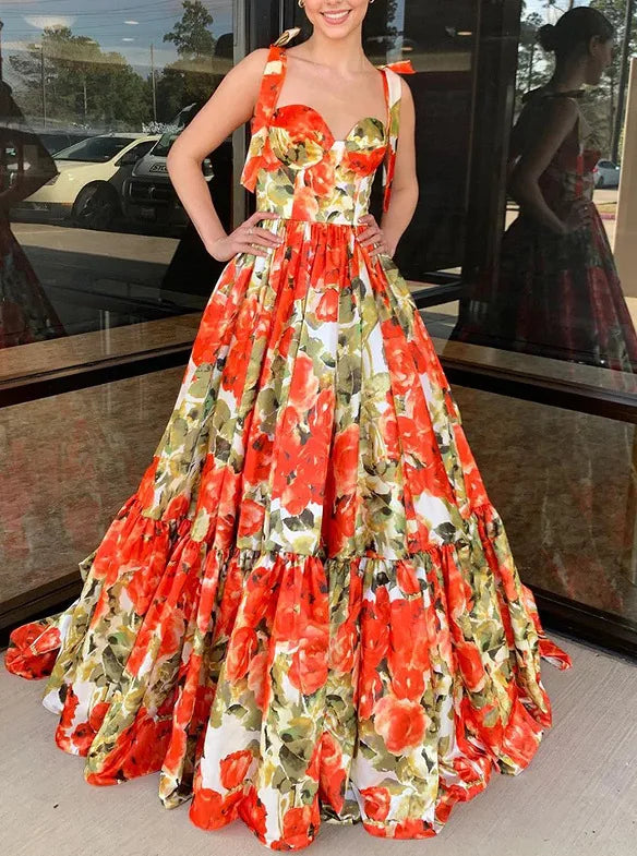 Women New Orange-red Anemone Flower Pattern French Button Suspender Long Dress