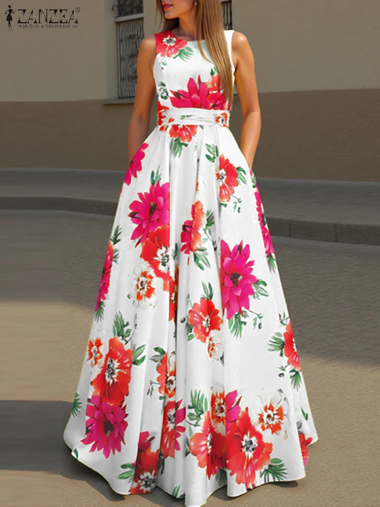 Women ZANZEA  Bohemian Dress Fashion Floral Printed Tank Sundress  Summer Sleeveless Waisted Robe Casual Party Maxi Dresses