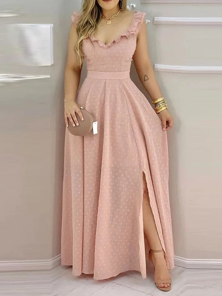 Women's yellow polka dot maxi dress ruffled neckline back tie sides for summer