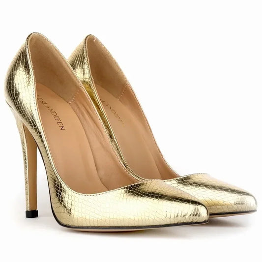 Women High Heels Classic Style Pointed Toe Slip On 12cm Elegant  Crocodile Plain Stilettos Sexy Pumps  Wedding Shoes