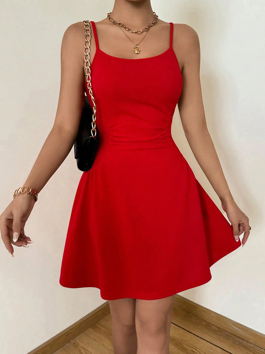 A lady cinched waist tight red halter top A-line mini dress elegant vacation,daily,dance party