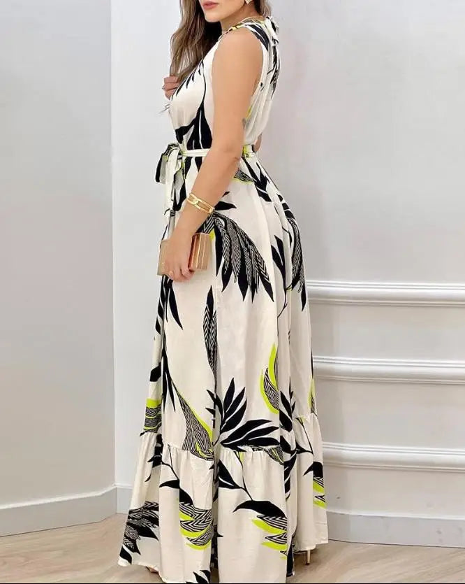 Women spring Fashion Leaf Print Sleeveless Casual O-Neck Maxi Daily Vacation Dress with Belt