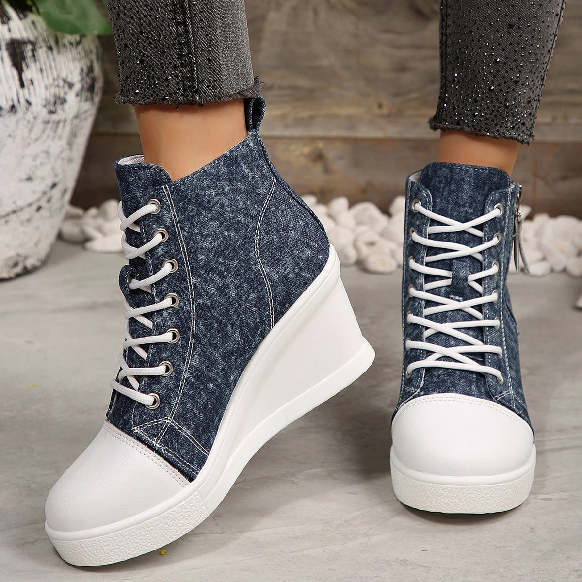Women High Top Wedge Sneakers Blue Camouflage  Fashion Lightweight Lace Up Platform Ankle Sneakers