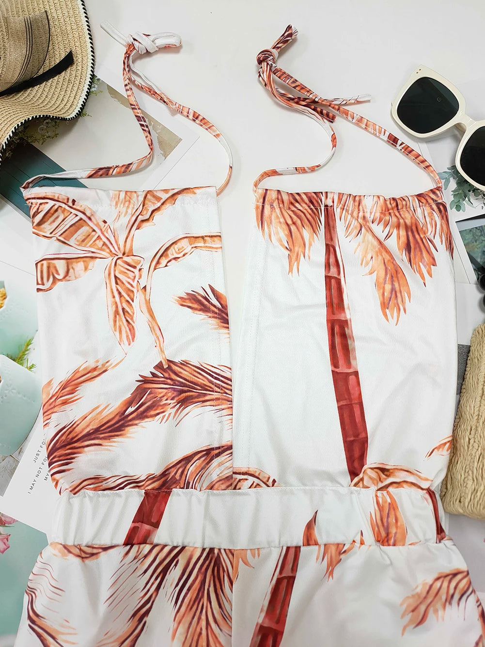 women suspender digital print sleeveless V-neck jumpsuit