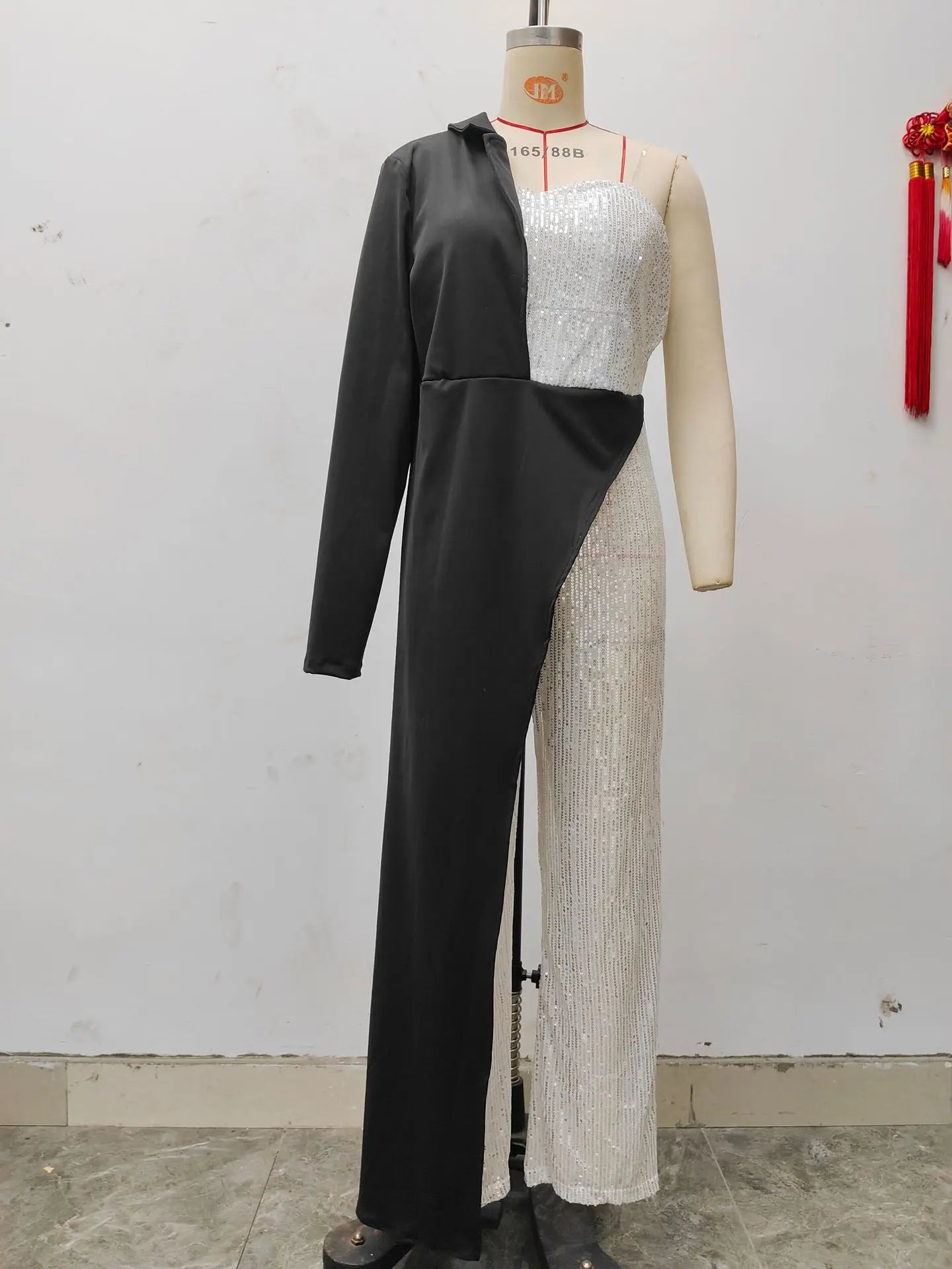 Women CM.YAYA  One Long Sleeve Strapless Sequined Blazer Wide Leg Jumpsuits Evening Party One Piece Set Romper Playsuit