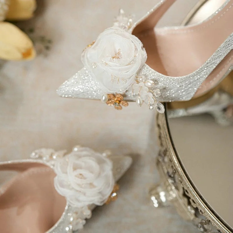 Women New White Wedding  Pointed Head Shallow Mouth Flowers High Heels Summer Fashion Sandals