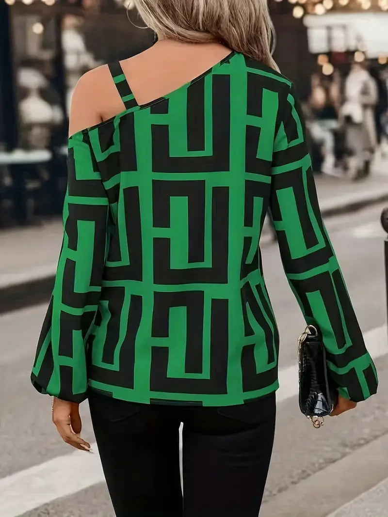 Women elegant Geometric Printed blouse spring neck off shoulder long sleeve hoodie casual shirt
