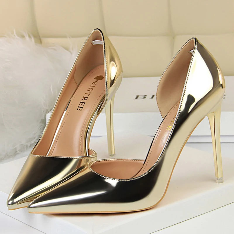 Women  High Heels Pumps Lady Stripper Stiletto Metallic Leather Scarpins Wedding Heels