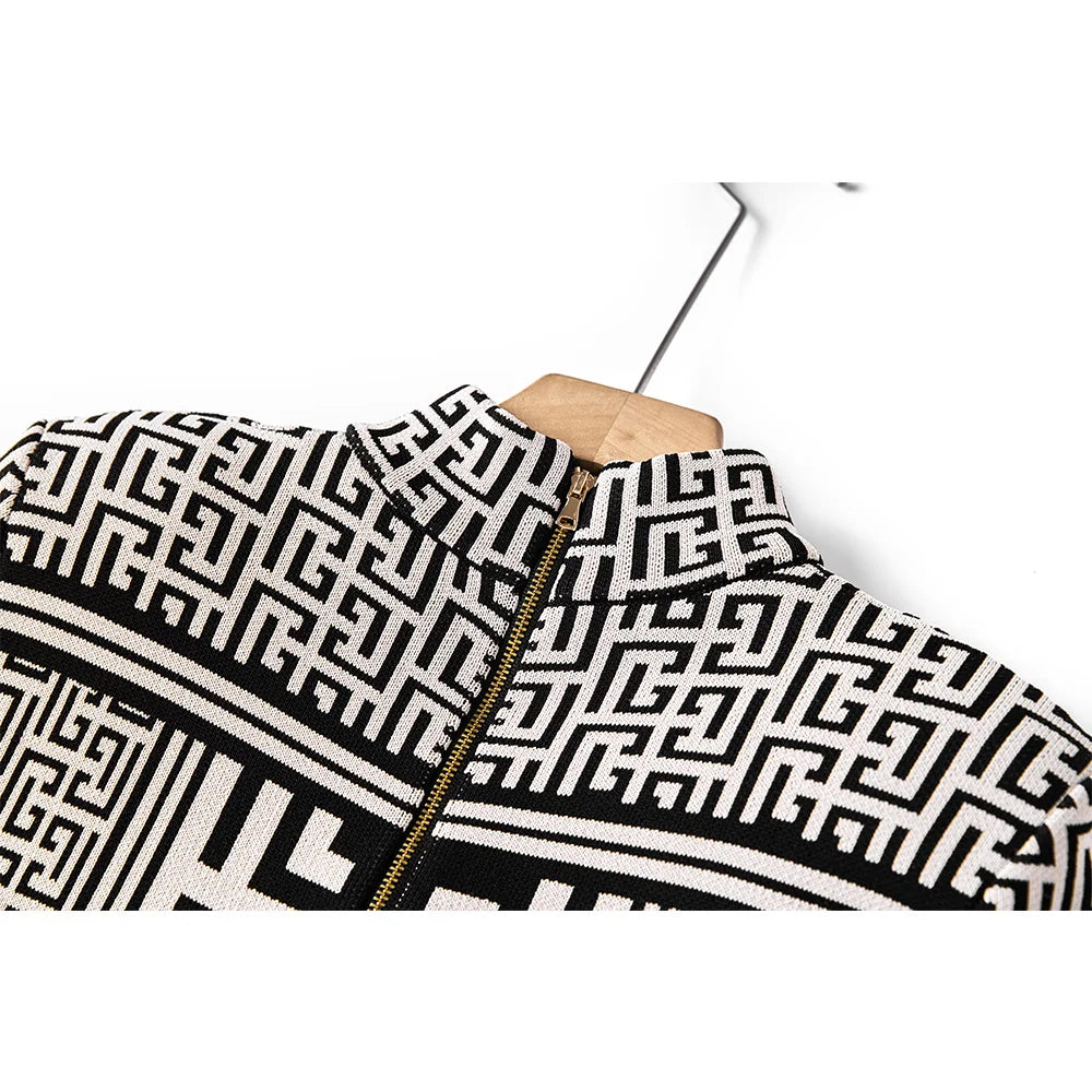 Women New Fall Collection Vintage Geometrical Pattern Breif Design Daily Wearing Casual Knitting High Quality Dressa