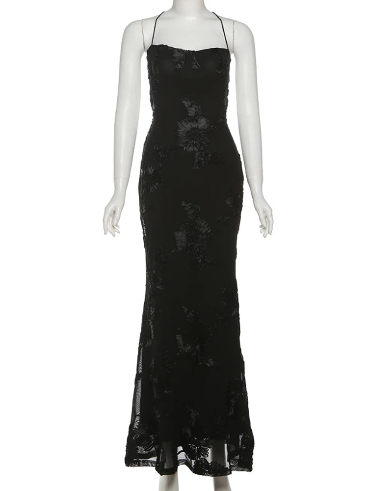 Women  Elegant Flower Embroidery Maxi Dress Low-Neck Cross Bandage Backless Summer Street Trend Skinny Holiday Vestidos