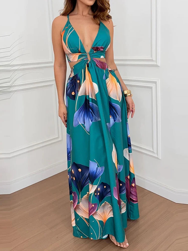 Lady Sexy V-neck Sleeveless Holiday Fashion Pattern Print Split Slim Party  Elegant Backless Hollow Tie-Up Long Dress