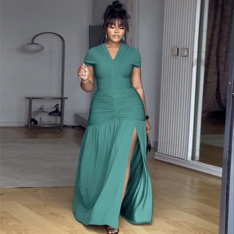 Women New Design Short Sleeve V Neck Slim Rushed Waist High Waist Long Dress