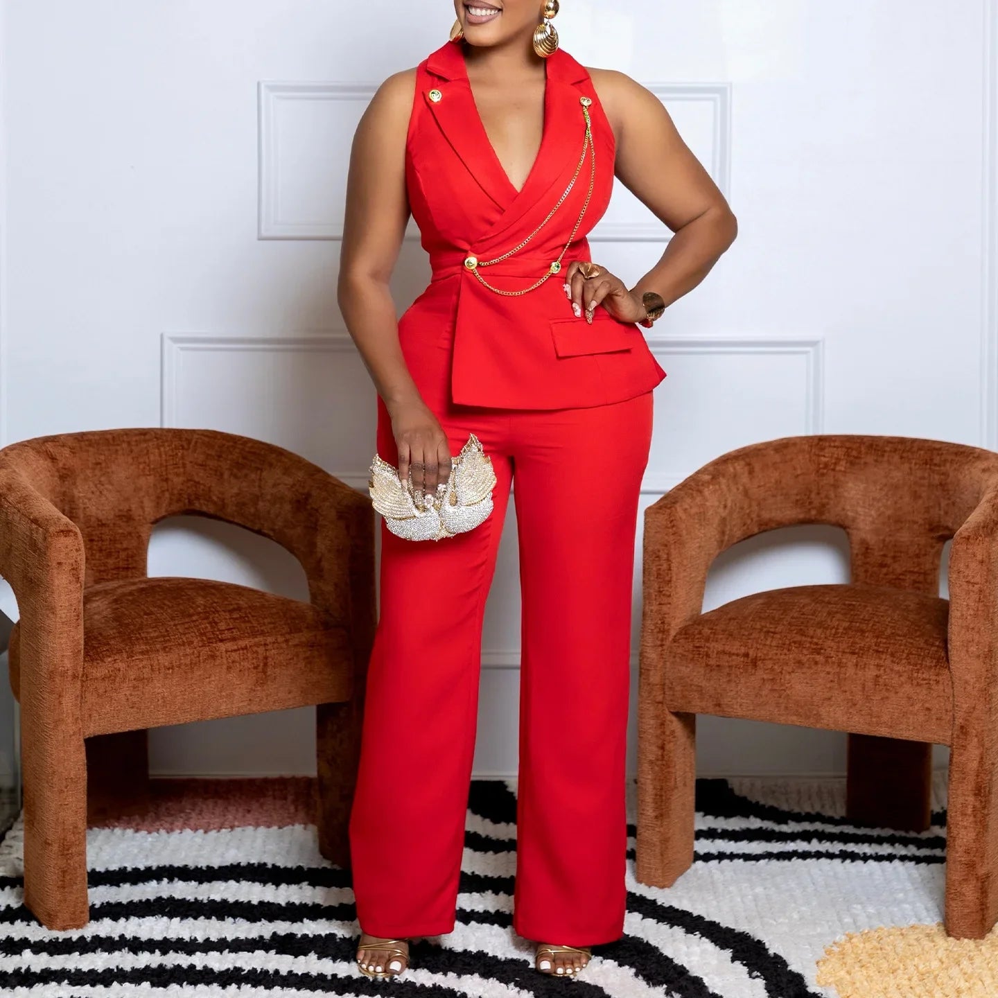Women fashionable sexy chain collar wide leg jumpsuit casual style