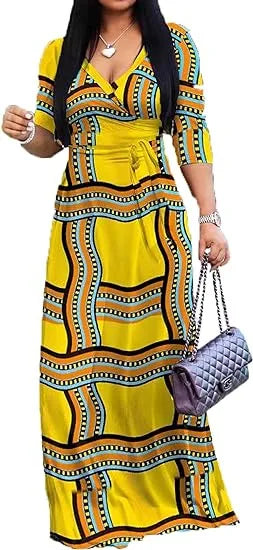 Women Elegant Long Dress with Belt Mid Sleeve V-Neck for Spring Summer Autumn Fashionable  Ankle-length Dress