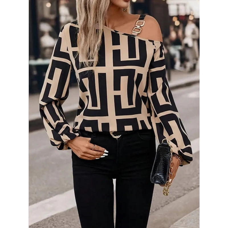 Women elegant Geometric Printed blouse spring neck off shoulder long sleeve hoodie casual shirt
