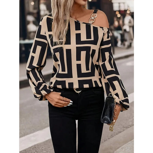 Women elegant Geometric Printed blouse spring neck off shoulder long sleeve hoodie casual shirt