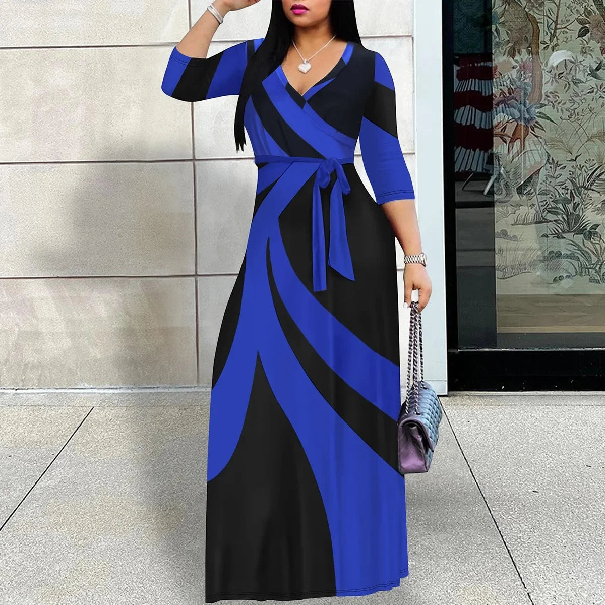 Women Elegant Long Dress with Belt Mid Sleeve V-Neck for Spring Summer Autumn Fashionable  Ankle-length Dress