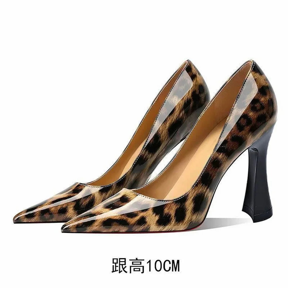 Women elegant fashion Leather Leopard Square High Heels, Pointed Toe, Slip Shallow Shoes