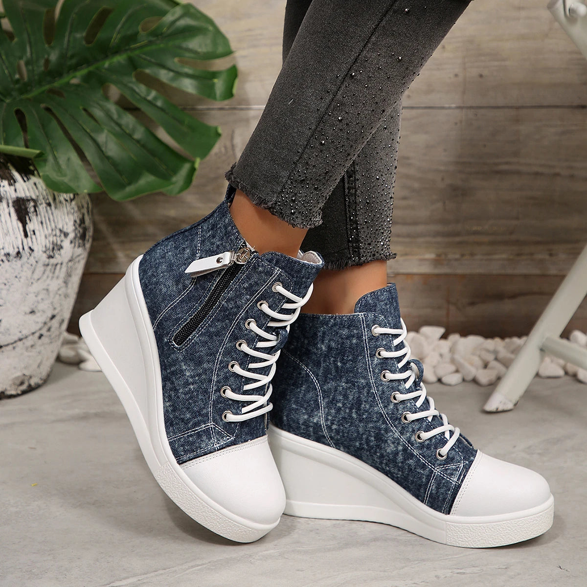 Women High Top Wedge Sneakers Blue Camouflage  Fashion Lightweight Lace Up Platform Ankle Sneakers