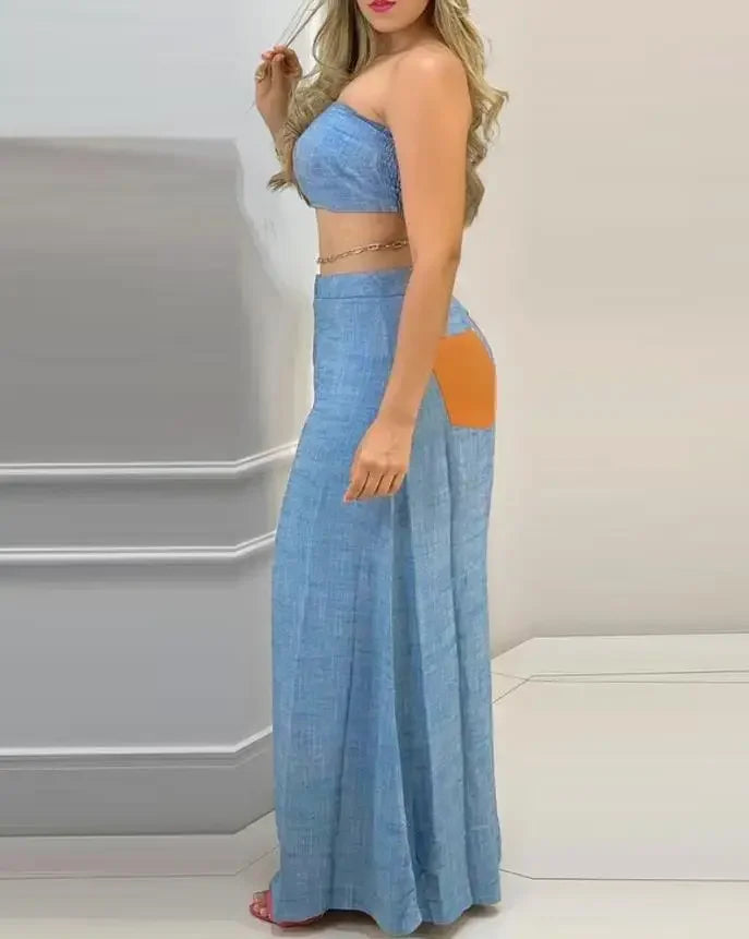 Ladies Two Piece Sets Summer Fashion Color block Bandeau Sleeveless Shirring Crop Top and Casual Wide Leg Long Pants Set