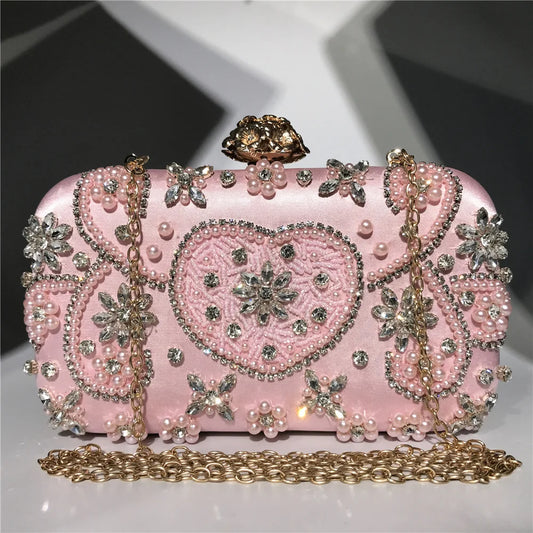 Women Satin Metal Flower Luxury Diamonds Clutch Rhinestones Handbags
