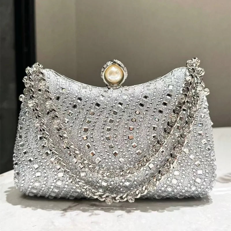 Women Fine Rhinestone Diamond Inlay Dinner Evening Retro Luxury Gold Silver Blue Small Clutch  Wedding Party Shoulder Bag