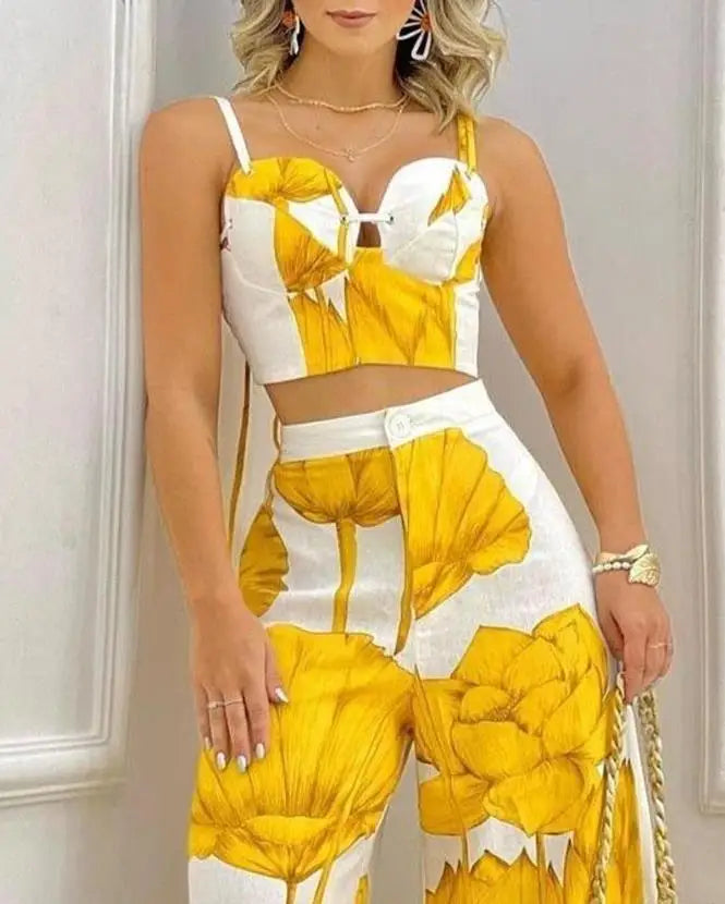 Women Two Piece Sets  Outfits Spring Fashion Plants Print Sleeveless Crop Cami Top & Casual Wide Leg Vacation Pants Set