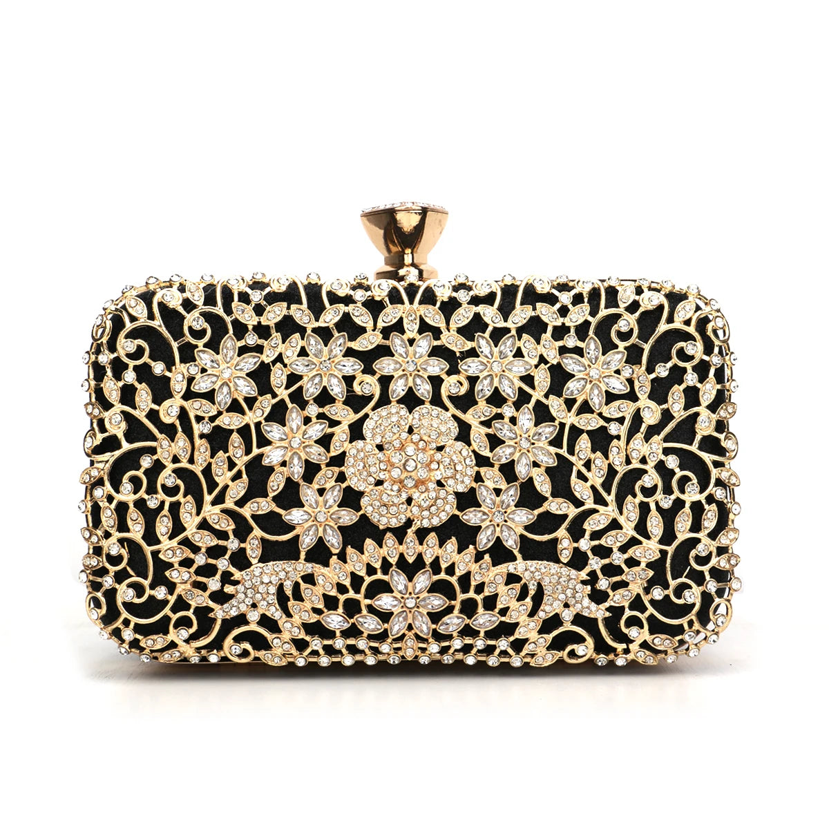 Women Hollow Out Style Rhinestones Golden Metal Banquet  Luxury Metal Rhinestones Evening Bags Flap P