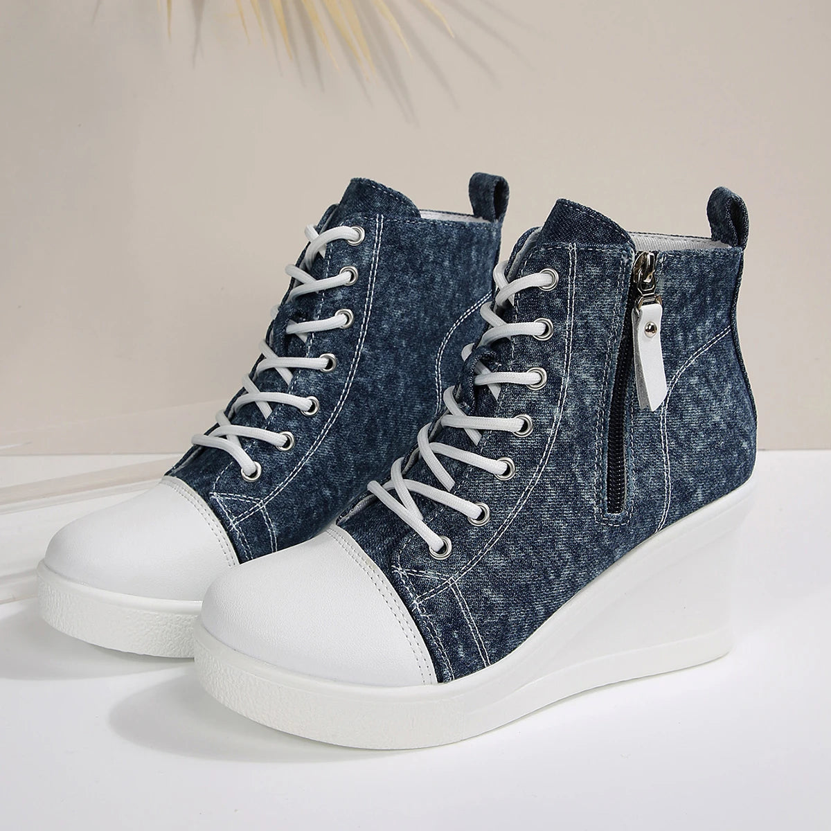 Women High Top Wedge Sneakers Blue Camouflage  Fashion Lightweight Lace Up Platform Ankle Sneakers