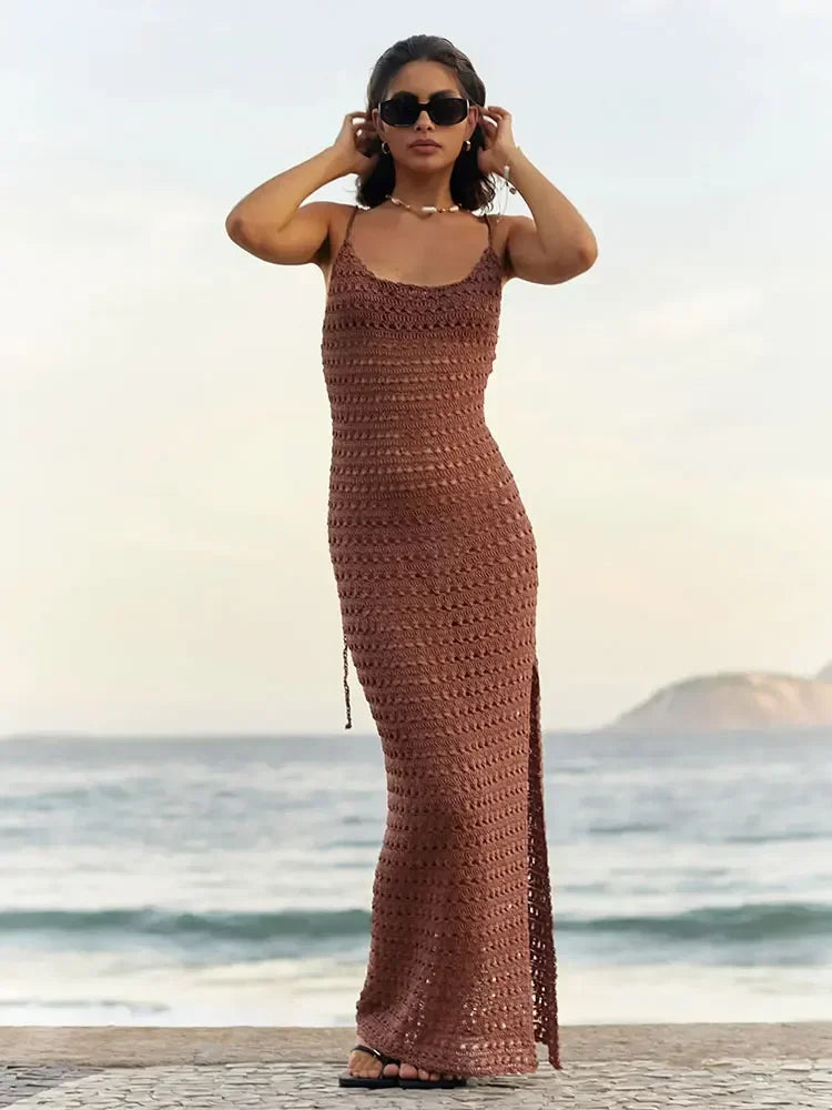 Ladies Sexy Knit Cut Out Tassel Spaghetti Strap Bodycon Beach Maxi Dress Summer
