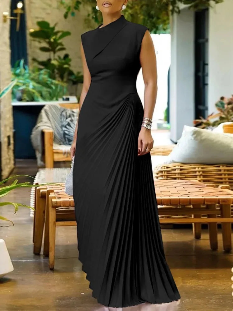 Women freeacy solid color sleeveless high neck , high waist pleated floor length, graceful evening dresses