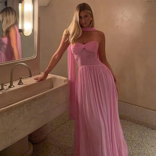 Women VEITCHE Summer  Sexy Strapless Long Dress  Sexy Through Mesh Long Robe Halter Scarf Mujer High Elasticity