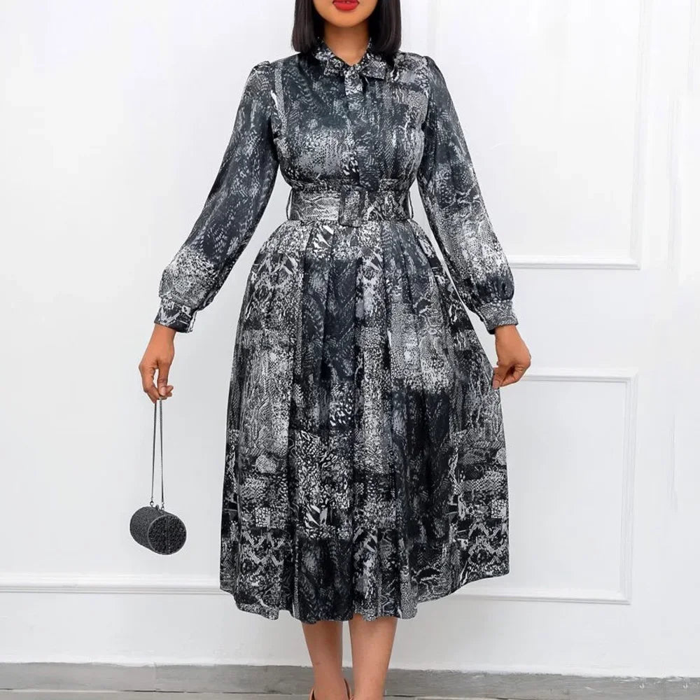 Women Elegant Vintage Dresses for  Bow Collar Full Sleeve Belt Waisted A Line Mid Calf Birthday Party Dinner Vestidos Mujer Dress