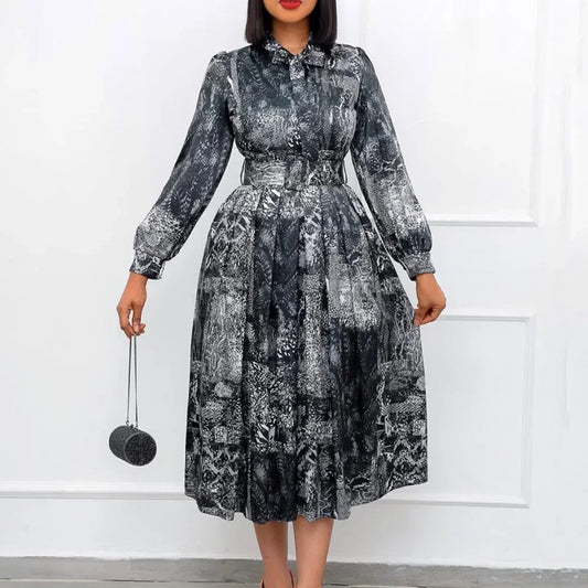 Women Elegant Vintage Dresses for  Bow Collar Full Sleeve Belt Waisted A Line Mid Calf Birthday Party Dinner Vestidos Mujer Dress