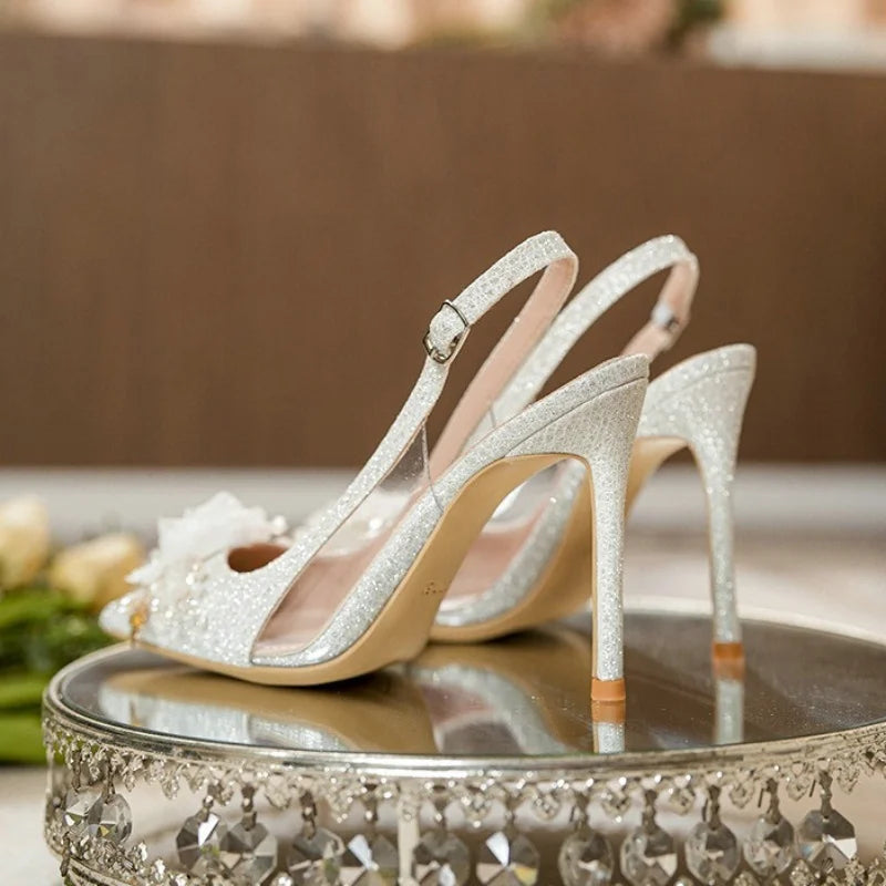 Women New White Wedding  Pointed Head Shallow Mouth Flowers High Heels Summer Fashion Sandals