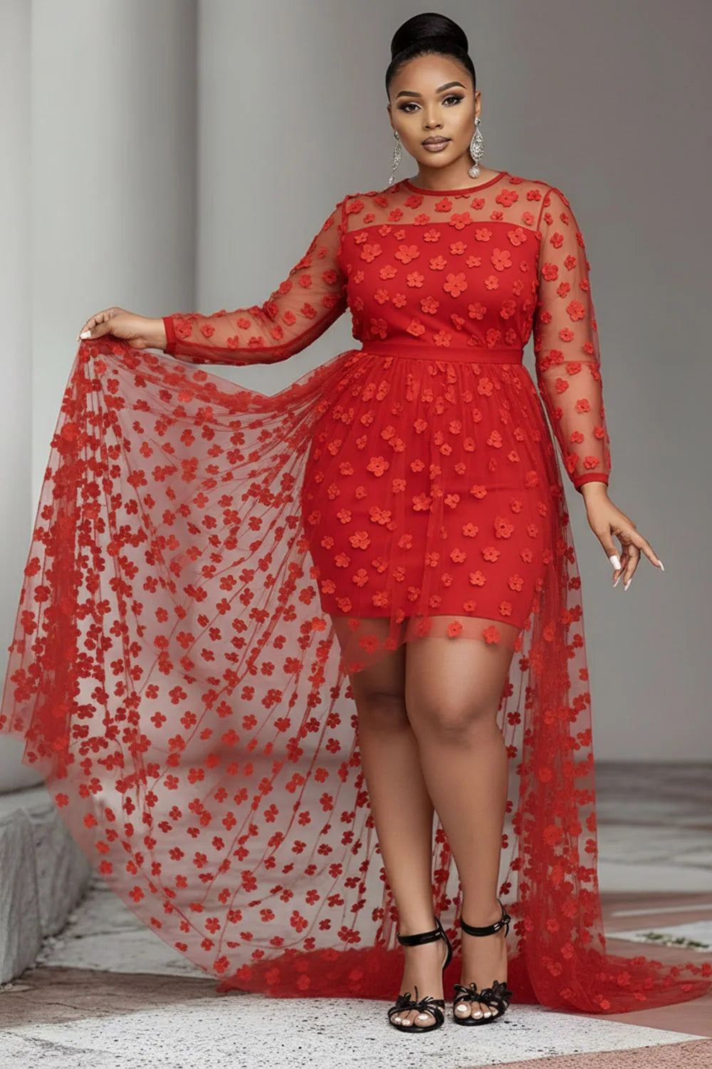 women Plus Size Party Round Neck Long Sleeve High Low Hem Elegant See Through Tulle Mini Dresses