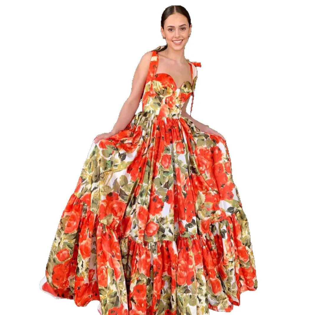 Women New Orange-red Anemone Flower Pattern French Button Suspender Long Dress