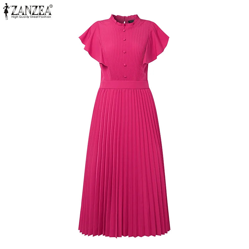Women ZANZEA  Summer Sleeveless Pleated Vestidos Casual OL Work Sundress Zippers Fashion Solid Turtleneck Robe