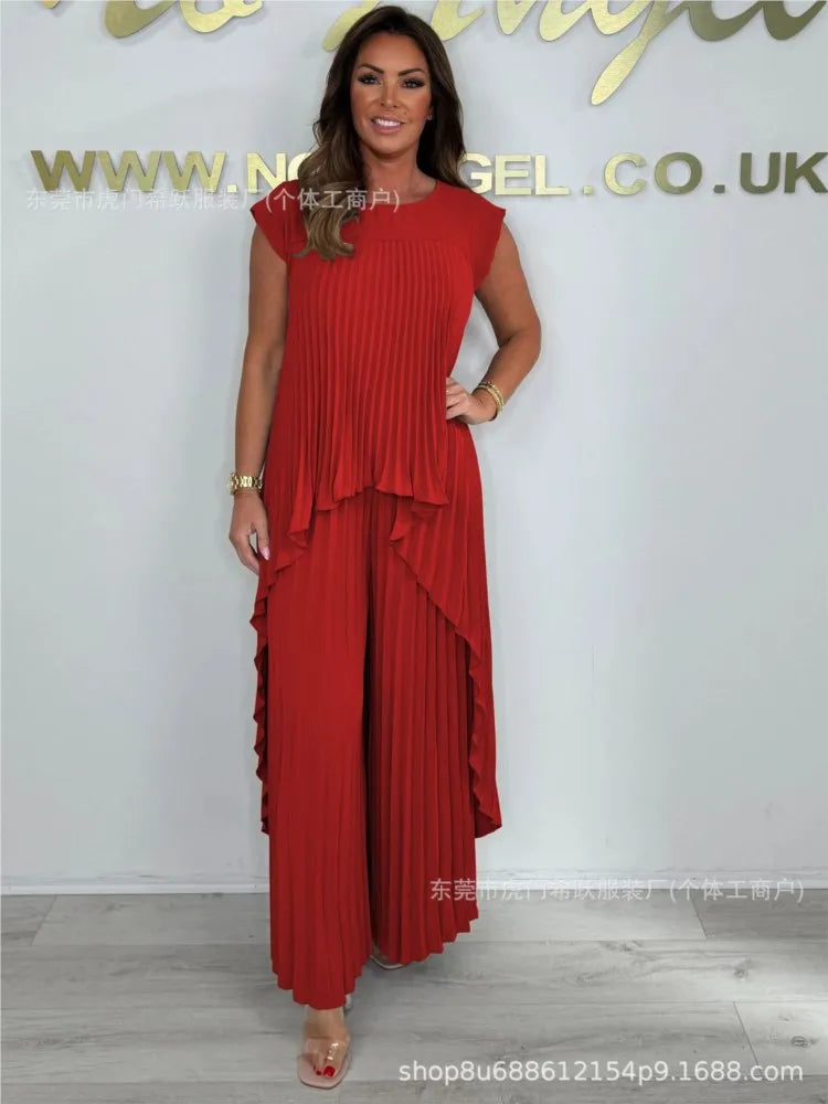 Women Summer Solid Casual Holiday Two Piece Sets Elegant Pleated Irregular O Neck Sleeveless Top + Wide-leg Pants Loose Outfits