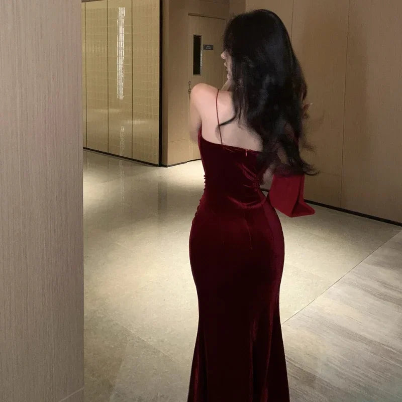 Women Vintage Sexy Club Prom Red  Spaghetti Strap Slit Velvet Beach Bandage Bodycon Midi Dress Party Elegant