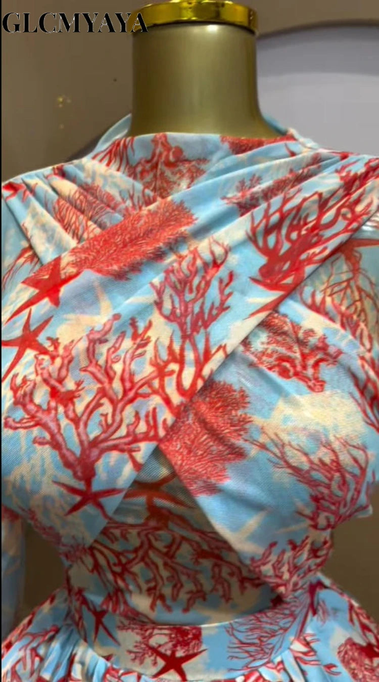 Women GLCMYAYA Leaf Print Long Sleeve O-neck Wrap Front Pleated  Elegant Romantic Vacation Party Birthday Dresses