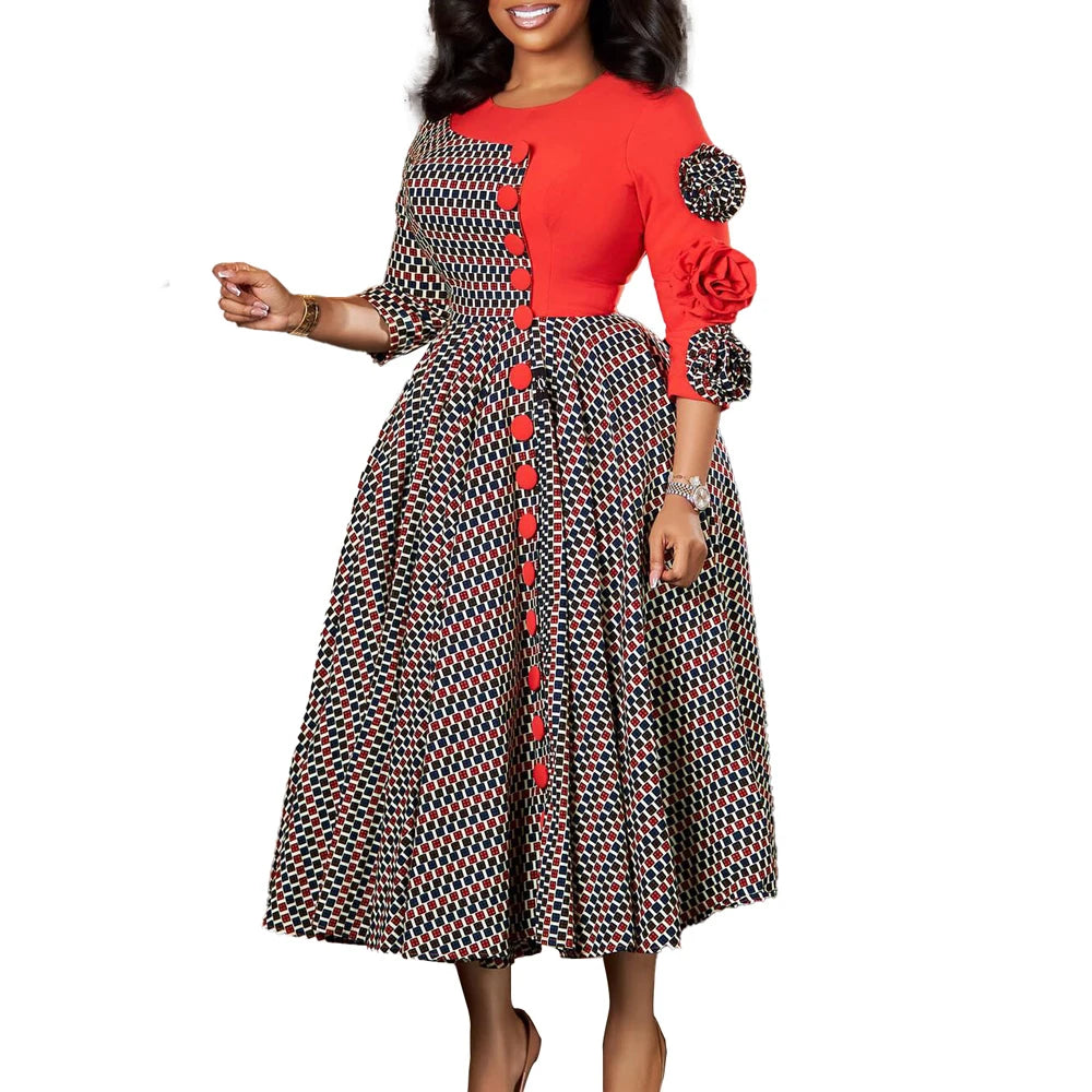 Women Elegant Dresses for Fall Fashion African 3/4 Sleeve Party Birthday New  Chic 3D Flower Plaid Evening A-Line Dress