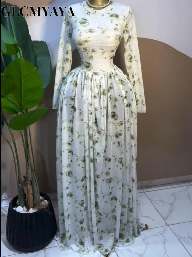 Women CM.YAYA Long Sleeve Tie Dye Print O-neck Big Swing Midi A-line Long  Evening Birthday Party Dresses