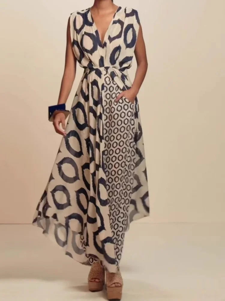 Ladies Two-piece Suit Printed Sleeveless V-Neck Lace-Up Top + Slim-Fit Trousers Set