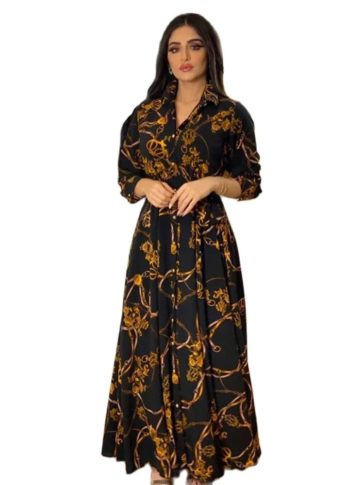 Women Muslim Abaya Ramadan Print Shirt Autumn  Islamic Vestidos Elegant India Moroccan Kaftan dress