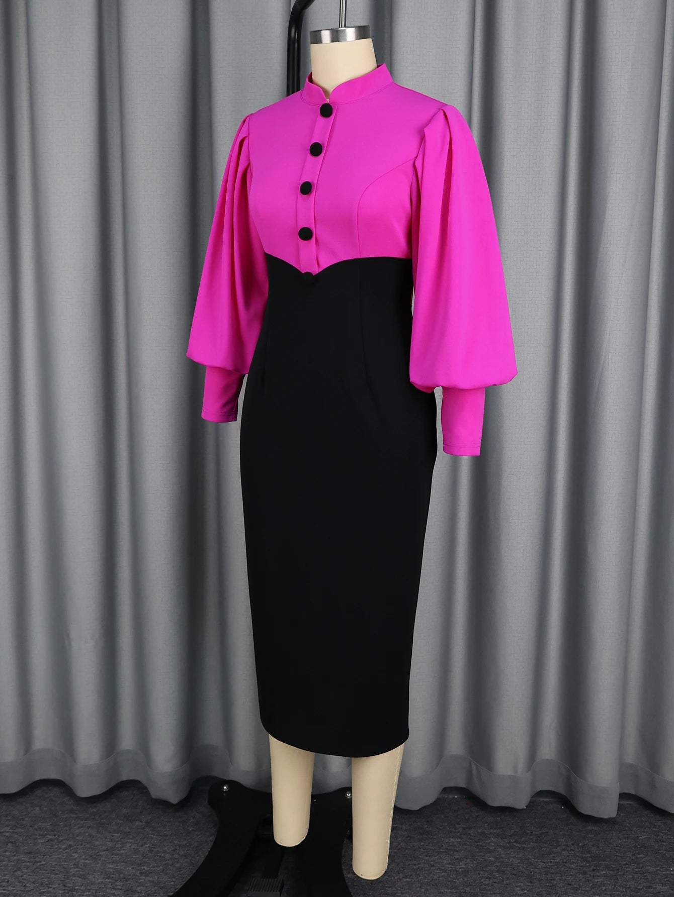 Women Elegant Mock Neck Long Lantern Sleeves Buttom Up Color Block Package Hip church Party Office Business dresses